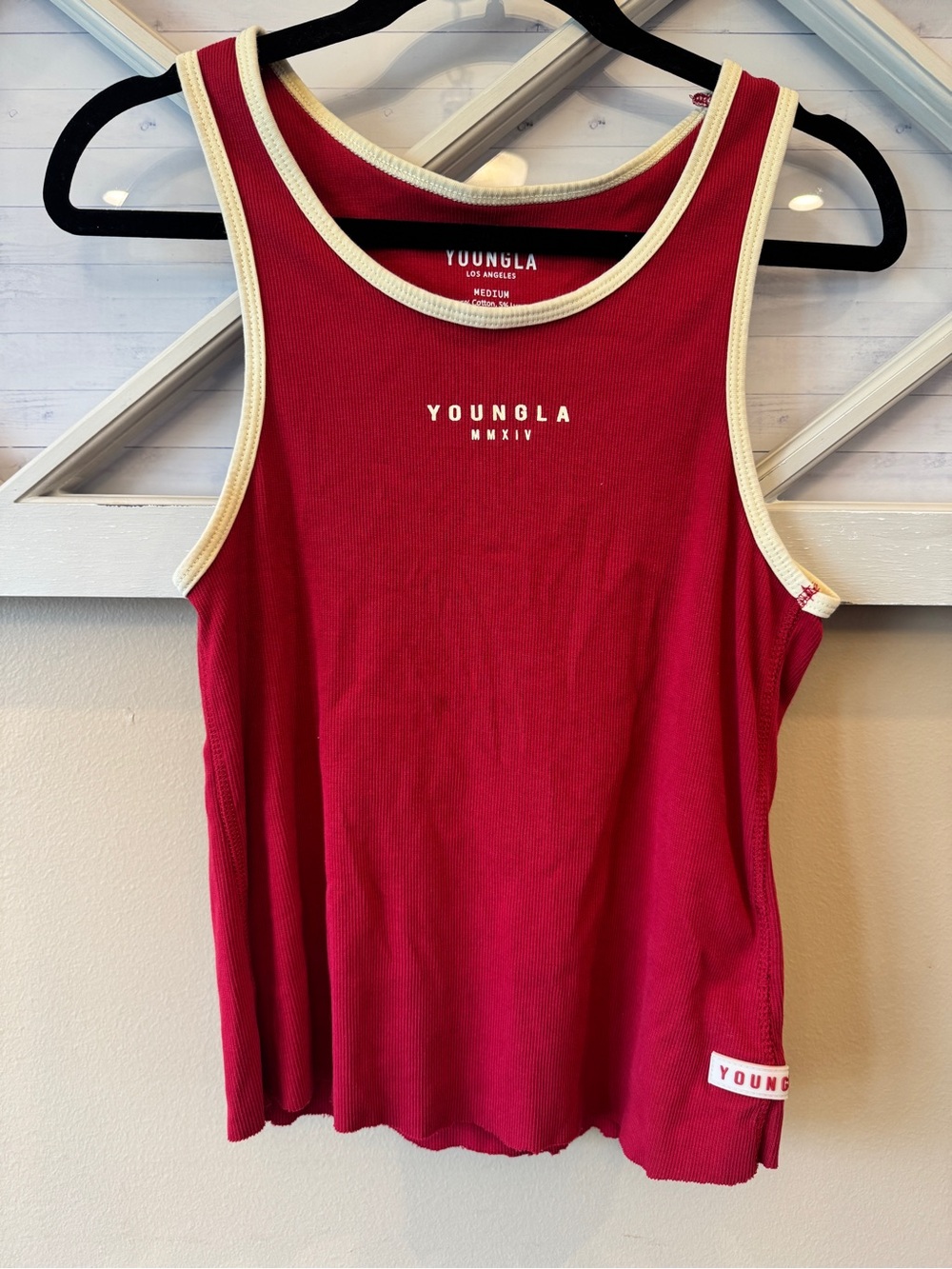 YoungLA Ribbed Tank Top Mens M Red Cream Trim Gym Muscle Sleeveless